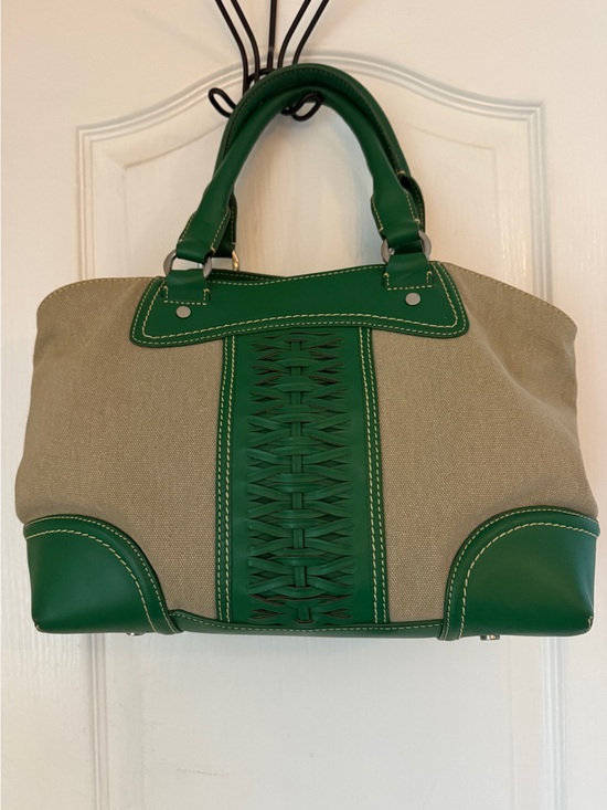 Cole Haan Handbags - Cole Haan Beige Canvas Tote with Green Leather Trim